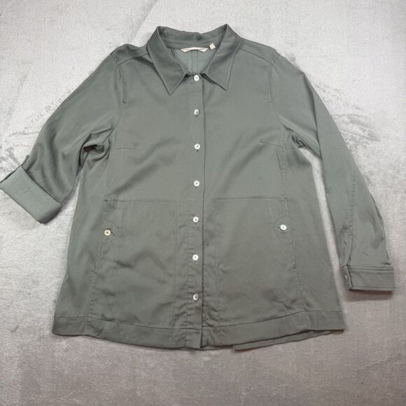 Soft Surroundings Shirt Women’s M Green Roll Tab Sleeves Pockets Shacket Utility - Picture 1 of 8